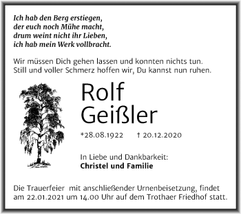 Traueranzeige von Rolf Geißler von Mitteldeutsche Zeitung Halle/Saalkreis