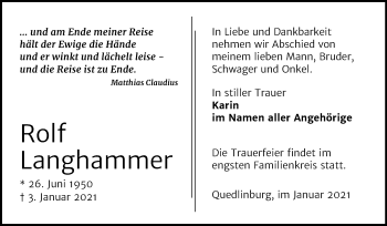 Traueranzeige von Rolf Langhammer von Mitteldeutsche Zeitung Quedlinburg