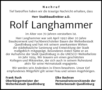 Traueranzeige von Rolf Langhammer von Mitteldeutsche Zeitung Quedlinburg