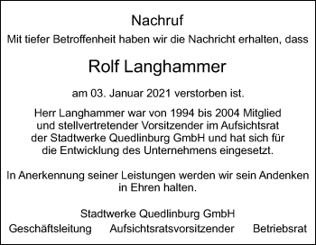 Traueranzeige von Rolf Langhammer von Mitteldeutsche Zeitung Quedlinburg