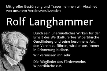Traueranzeige von Rolf Langhammer von Mitteldeutsche Zeitung Quedlinburg