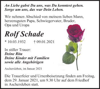 Traueranzeige von Rolf Schade von Mitteldeutsche Zeitung Aschersleben