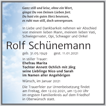 Traueranzeige von Rolf Schünemann von Super Sonntag Merseburg/Querfurt