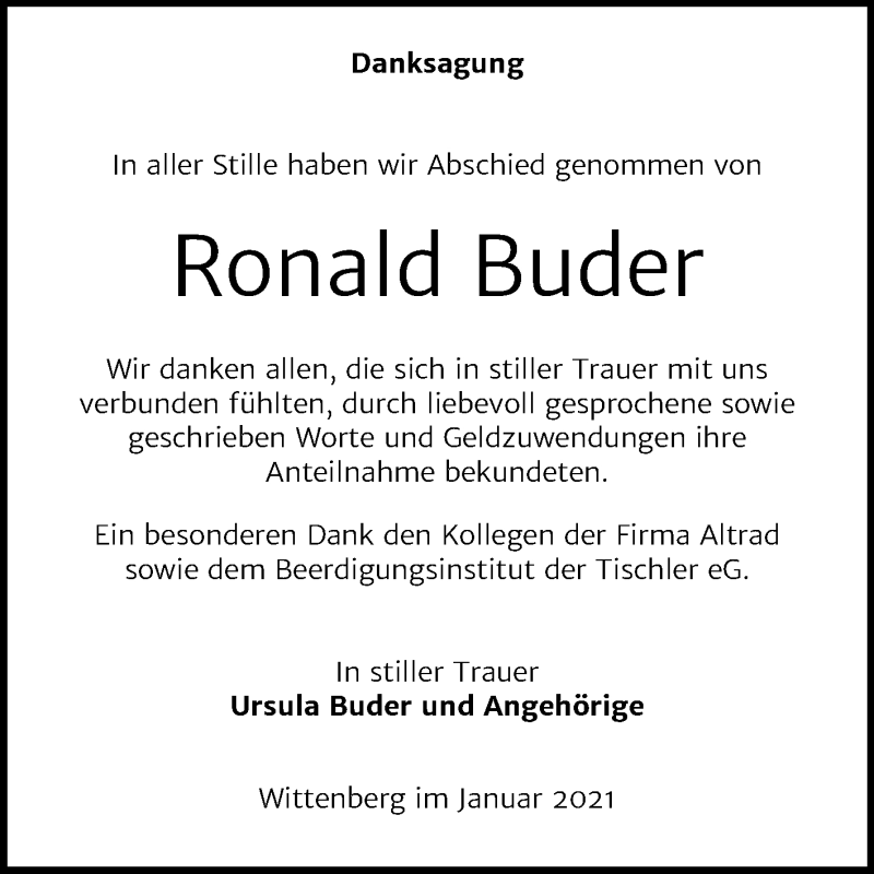  Traueranzeige für Ronald Buder vom 09.01.2021 aus Mitteldeutsche Zeitung Wittenberg