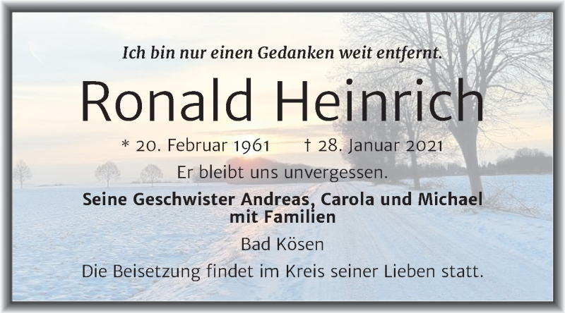  Traueranzeige für Ronald Heinrich vom 30.01.2021 aus Mitteldeutsche Zeitung Naumburg/Nebra