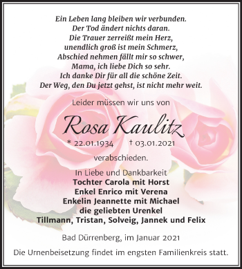 Traueranzeige von Rosa Kaulitz von Mitteldeutsche Zeitung Merseburg/Querfurt