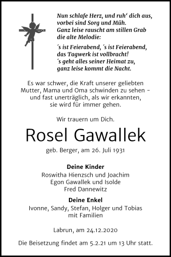 Traueranzeige von Rosel Gawallek von Super Sonntag Wittenberg