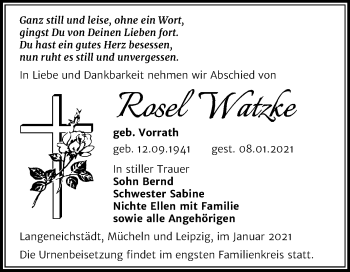 Traueranzeige von Rosel Watzke von Super Sonntag Merseburg/Querfurt