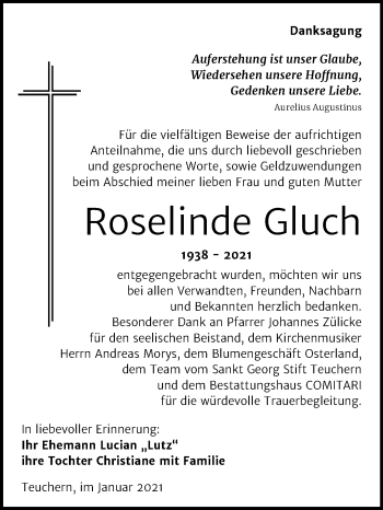 Traueranzeige von Roselinde Gluch von Mitteldeutsche Zeitung Weißenfels