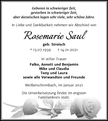 Traueranzeige von Rosemarie Saul von Mitteldeutsche Zeitung Merseburg/Querfurt