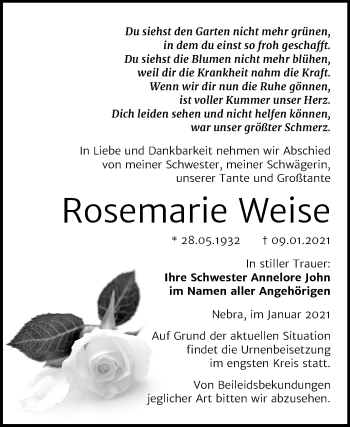 Traueranzeige von Rosemarie Weise von Mitteldeutsche Zeitung Naumburg/Nebra
