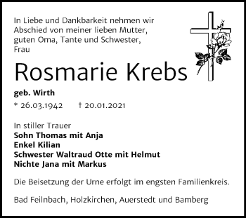 Traueranzeige von Rosmarie Krebs von Super Sonntag Zeitz