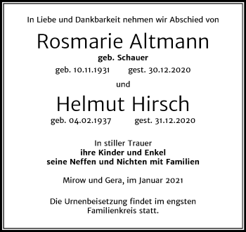 Traueranzeige von Rosmarie und Helmut Altmann von Super Sonntag Zeitz