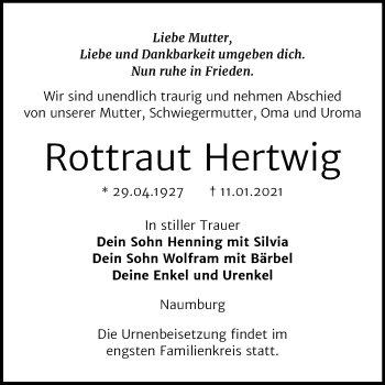 Traueranzeige von Rottraut Hertwig von Mitteldeutsche Zeitung Naumburg/Nebra