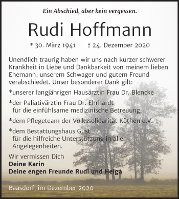 Traueranzeige von Rudi Hoffma von Mitteldeutsche Zeitung Köthen