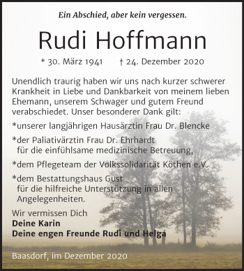 Traueranzeige von Rudi Hoffmann von Super Sonntag Köthen