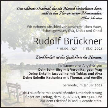 Traueranzeige von Rudolf Brückner von Mitteldeutsche Zeitung Quedlinburg