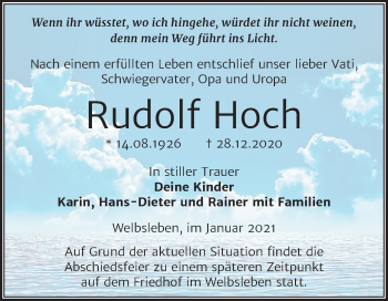 Traueranzeige von Rudolf Hoch von Mitteldeutsche Zeitung Mansfelder Land