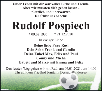 Traueranzeige von Rudolf Pospiech von Mitteldeutsche Zeitung Dessau-Roßlau