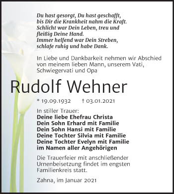 Traueranzeige von Rudolf Wehner von Mitteldeutsche Zeitung Wittenberg