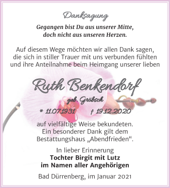 Traueranzeige von Ruth Benkendorf von Mitteldeutsche Zeitung Merseburg/Querfurt