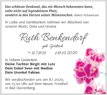Traueranzeige von Ruth Benkendorf von Super Sonntag Merseburg/Querfurt