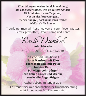 Traueranzeige von Ruth Dunkel von Mitteldeutsche Zeitung Aschersleben