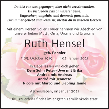Traueranzeige von Ruth Hensel von Mitteldeutsche Zeitung Aschersleben