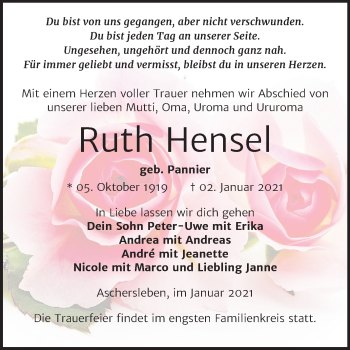 Traueranzeige von Ruth Hensel von Super Sonntag Aschersleben