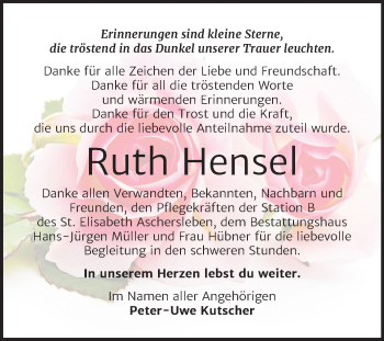 Traueranzeige von Ruth Hensel von Mitteldeutsche Zeitung Aschersleben