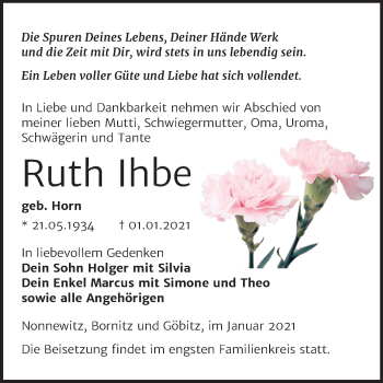 Traueranzeige von Ruth Ihbe von Mitteldeutsche Zeitung Zeitz