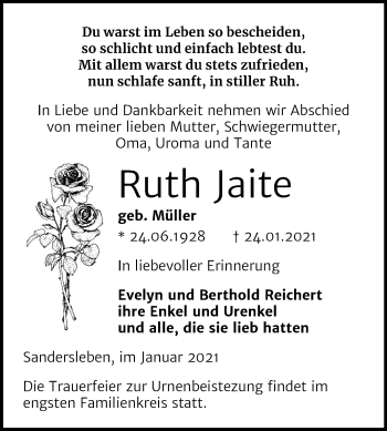 Traueranzeige von Ruth Jaite von Super Sonntag Mansfelder Land