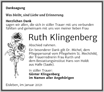 Traueranzeige von Ruth Klingenberg von Super Sonntag Mansfelder Land
