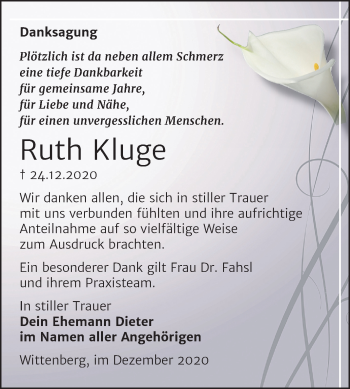 Traueranzeige von Ruth Kluge von Mitteldeutsche Zeitung Wittenberg