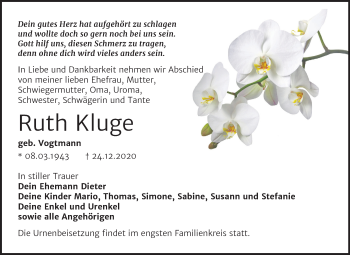 Traueranzeige von Ruth Kluge von Super Sonntag Wittenberg