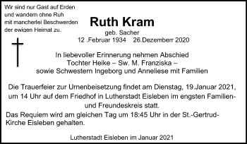 Traueranzeige von Ruth Kram von Super Sonntag Mansfelder Land