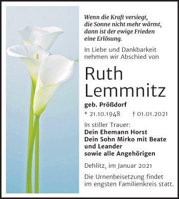 Traueranzeige von Ruth Lemmnitz von Mitteldeutsche Zeitung Weißenfels