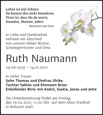 Traueranzeige von Ruth Naumann von Mitteldeutsche Zeitung Bitterfeld