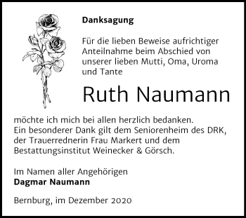 Traueranzeige von Ruth Naumann von Super Sonntag Bernburg