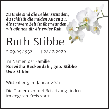 Traueranzeige von Ruth Stibbe von Super Sonntag Wittenberg