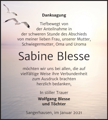 Traueranzeige von Sabine Blesse von Super Sonntag Sangerhausen