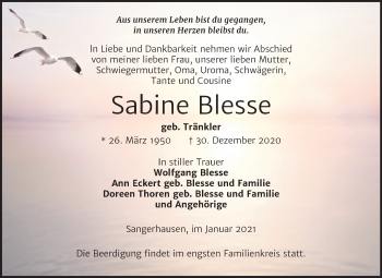 Traueranzeige von Sabine Blesse von Mitteldeutsche Zeitung Sangerhausen