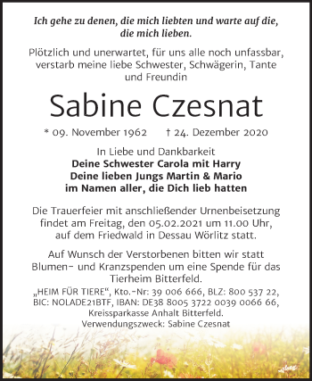 Traueranzeige von Sabine Czesnat von Mitteldeutsche Zeitung Bitterfeld