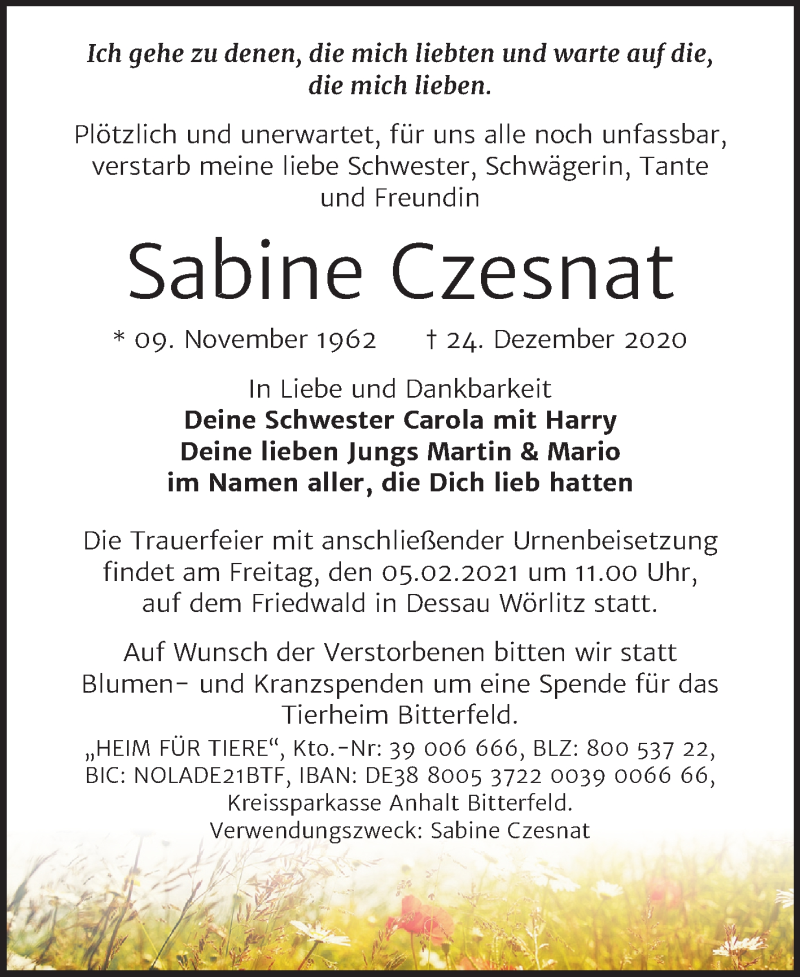  Traueranzeige für Sabine Czesnat vom 23.01.2021 aus Mitteldeutsche Zeitung Bitterfeld