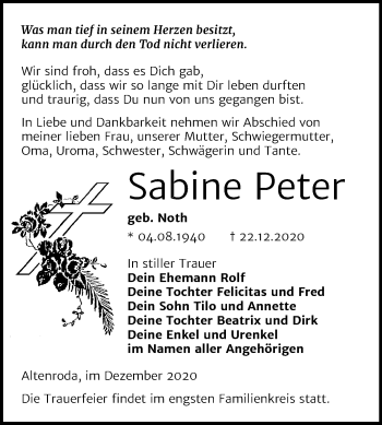 Traueranzeige von Sabine Peter von Super Sonntag Naumburg/Nebra