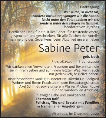 Traueranzeige von Sabine Peter von Super Sonntag Naumburg/Nebra