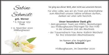 Traueranzeige von Sabine Schmidt von Mitteldeutsche Zeitung Quedlinburg