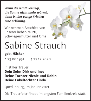 Traueranzeige von Sabine Strauch von Mitteldeutsche Zeitung Quedlinburg