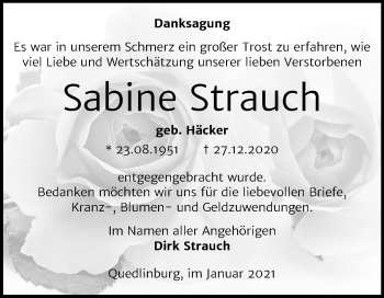 Traueranzeige von Sabine Strauch von Super Sonntag Quedlinburg