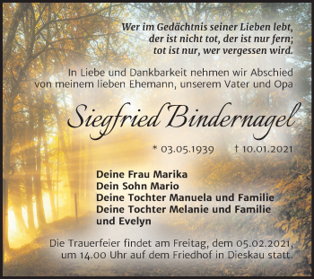 Traueranzeige von Siegfried Bindernagel von Mitteldeutsche Zeitung Halle/Saalkreis